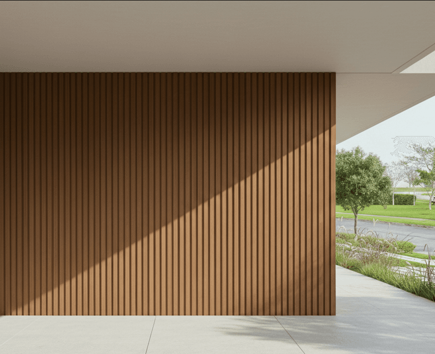 MexyTech composite battened wall cladding in a warm timber tone on a modern home