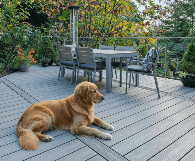 A dog resting on a grey MexyTech composite deck beside a leafy garden