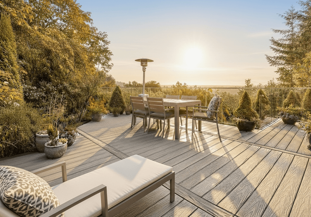 MexyTech composite decking on a sunset terrace with outdoor furniture and sea views