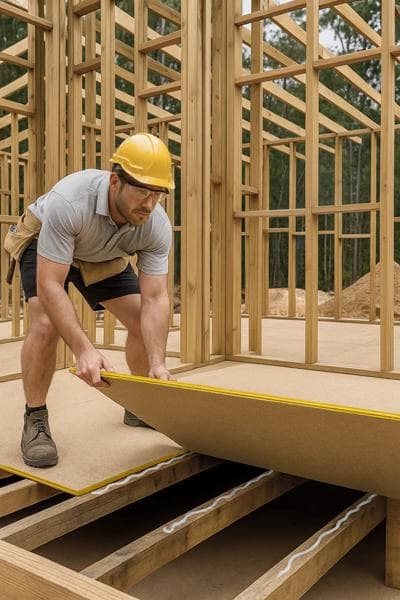 Builder installing yellow tongue particle board flooring sheets